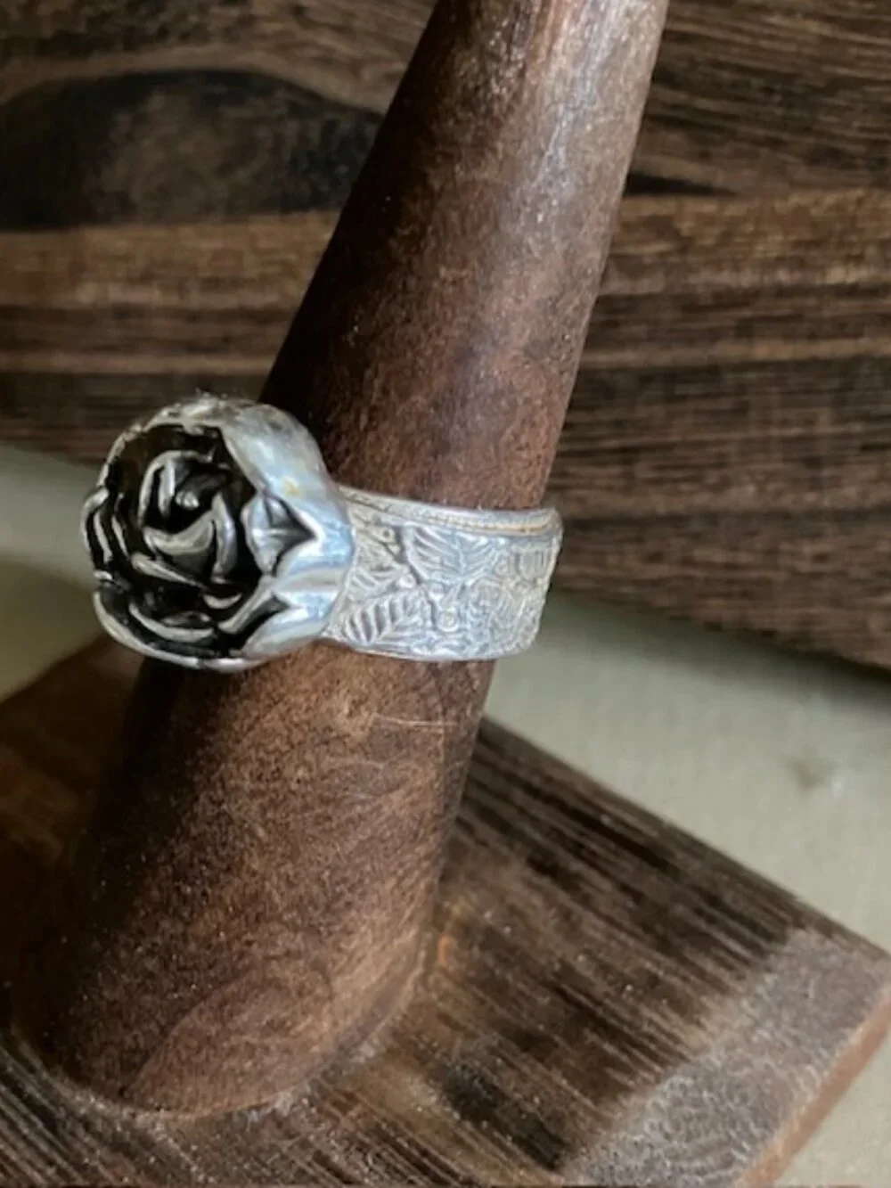 Artisan Rose and leafy band Ring in mixed metals